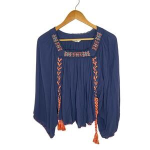 Rocks & Indigo Women's Blue Embroidered Boho Chic Blouse Bell Sleeve Size XS